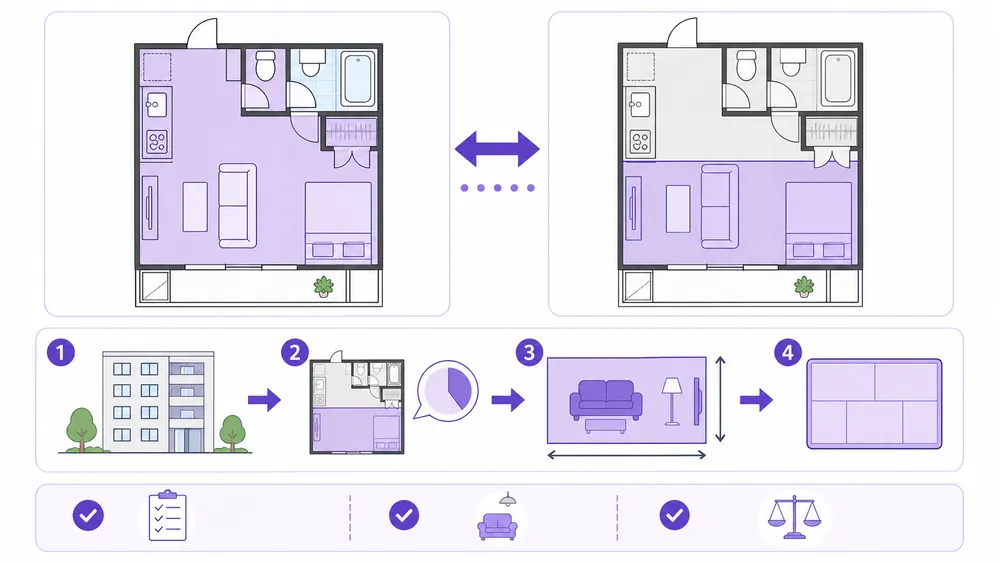 専有面積は住戸全体、帖数は主に居室部分を指すことを、同じ間取り図と計算フローで比較した説明図。